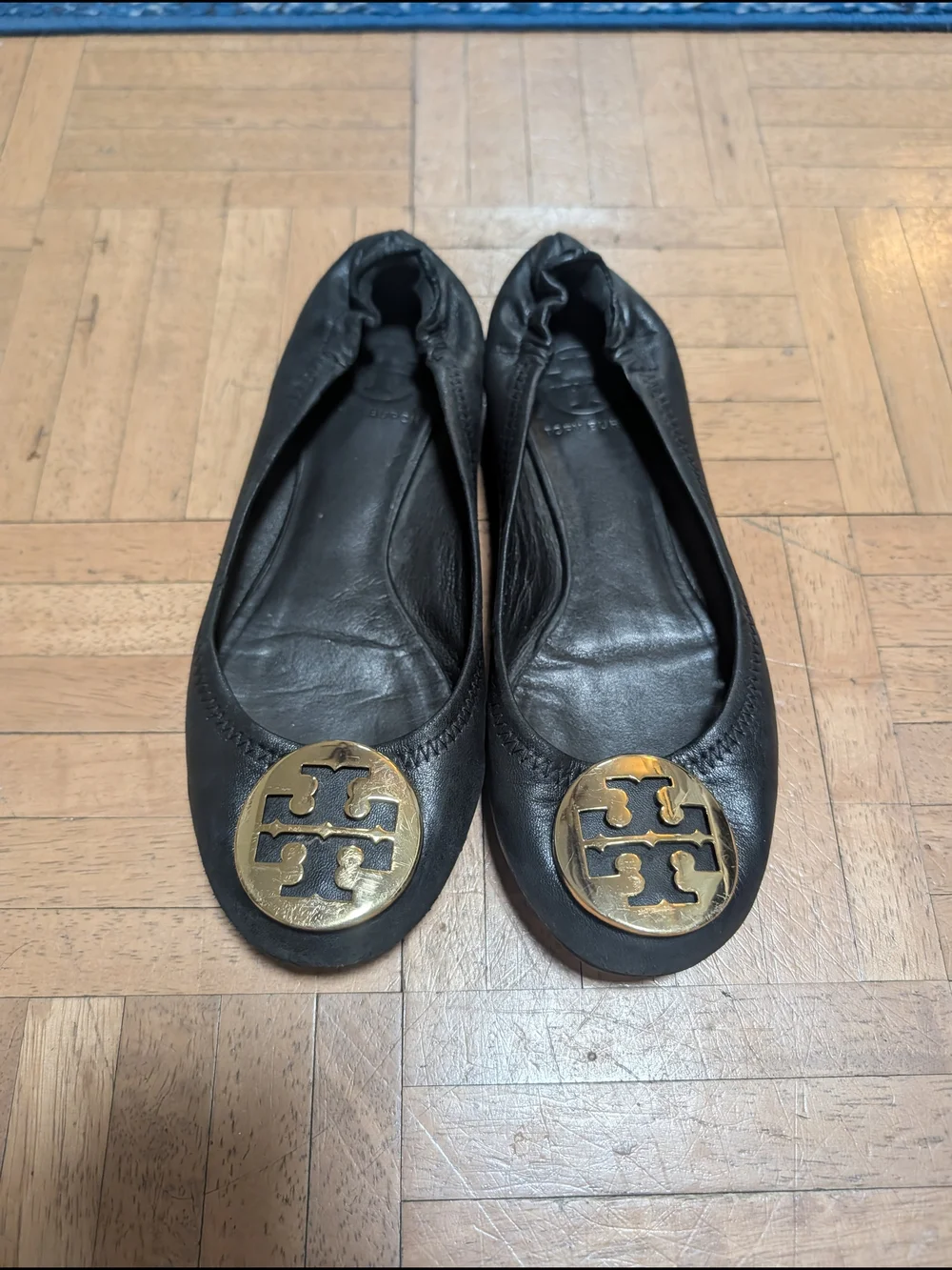 Tory Burch Black Leather Minnie Travel Ballet Flats Size 6.5 Gold Logo